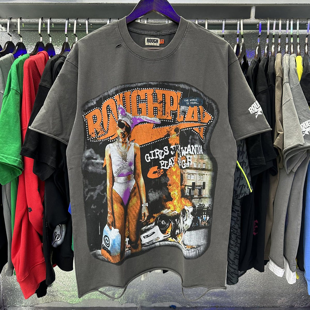 Rough Play Bunny Car Rhinestone Distressed T-Shirt — context