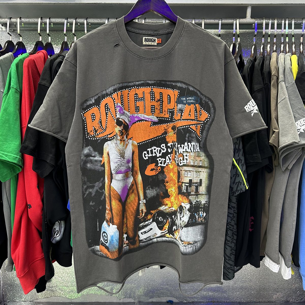 Rough Play Bunny Car Rhinestone Distressed T-Shirt — context