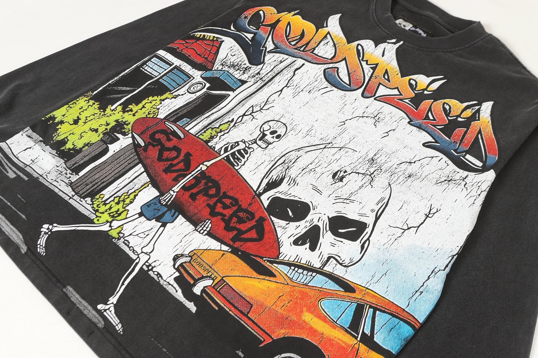 Godspeed Washed Black Skeleton Car Graphic Long-Sleeve T-Shirt — detail