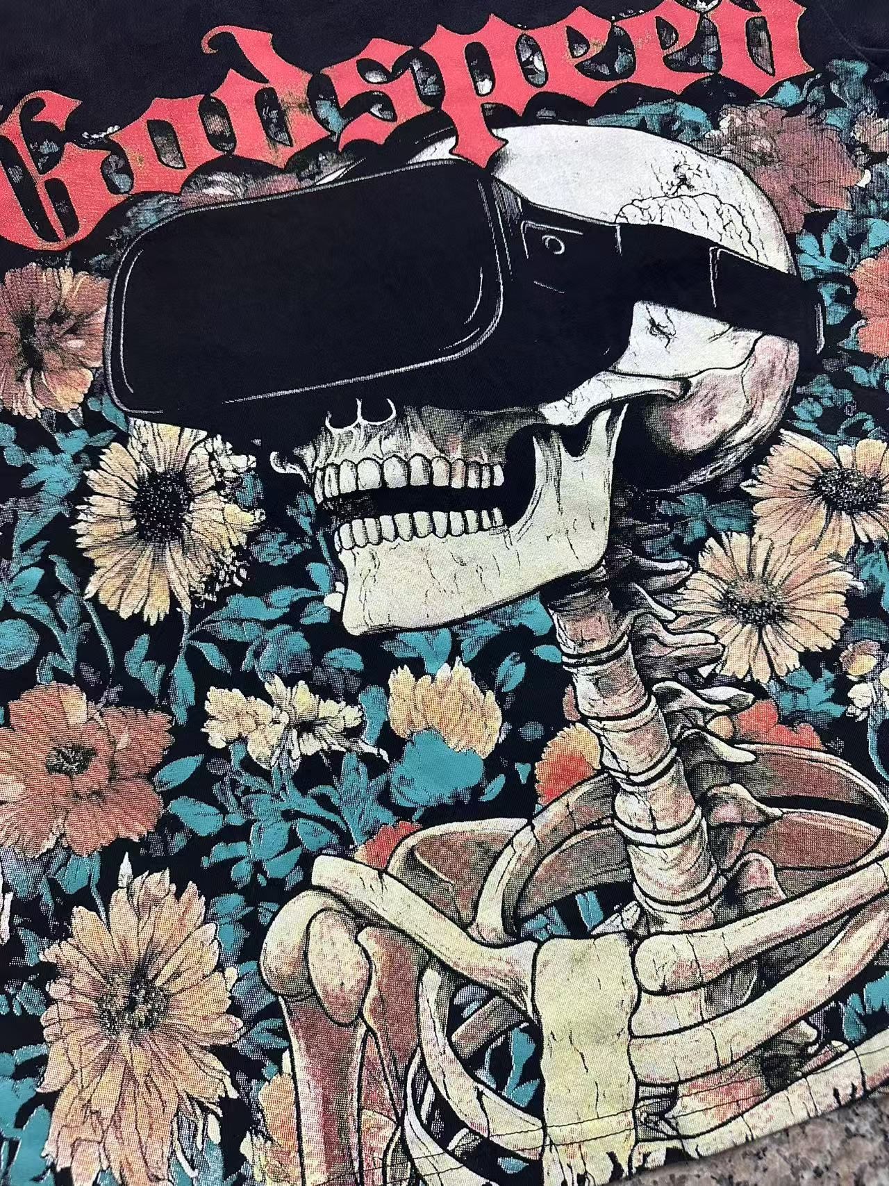 Godspeed Washed Black Rock Graphic T-Shirt — fabric_closeup