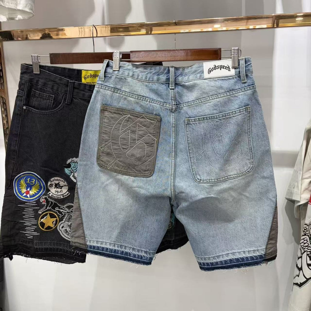 Godspeed Fear No One Patch Denim Shorts — back