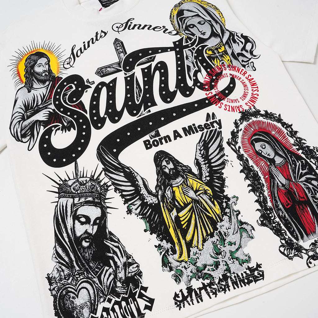 SAINT Rhinestone Religious Graphic T-Shirt — detail