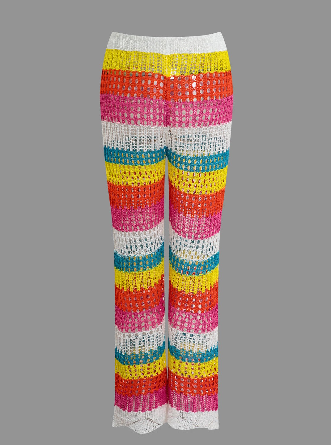 Color Block Crochet Hollow Out Drawstring Knit Pants