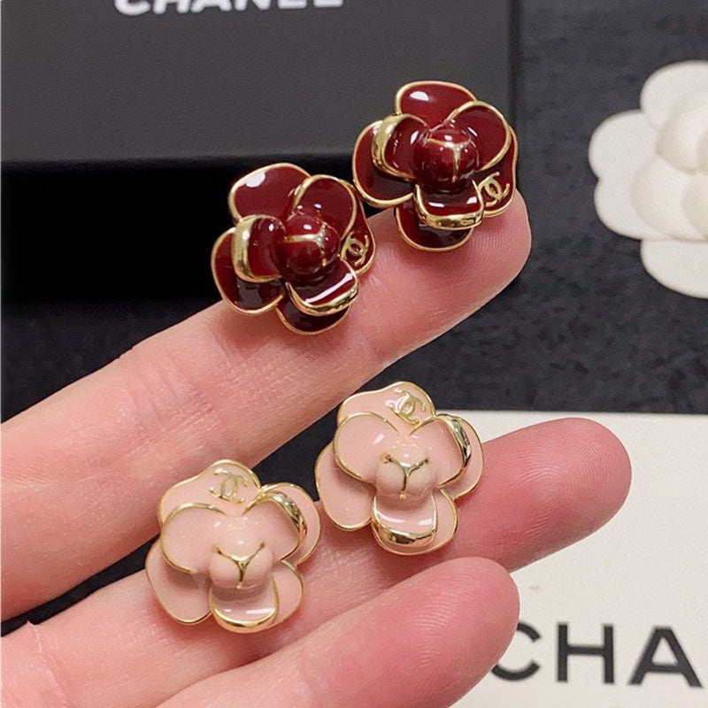 18K  Chanel Red & Pink Camellia Earrings
