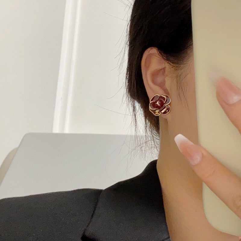 18K  Chanel Red & Pink Camellia Earrings
